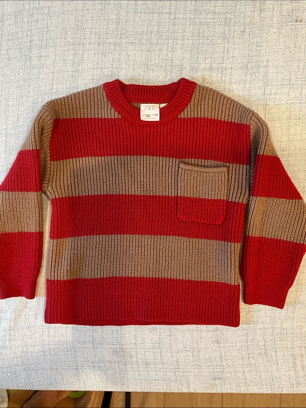 KIDS Zara Red and Tan Striped Crewneck Knit Sweater
